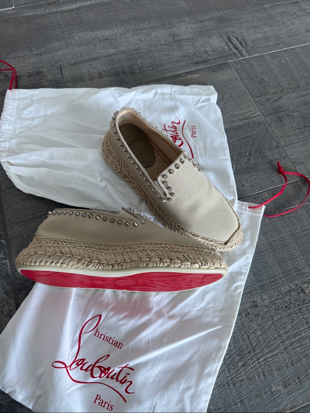 Christian Louboutin Beige Studded Espadrille Slip-Ons with Red Soles
